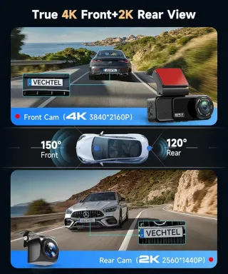 Dashcam 4K+2K Coche Delantera y Trasera WiFi GPS