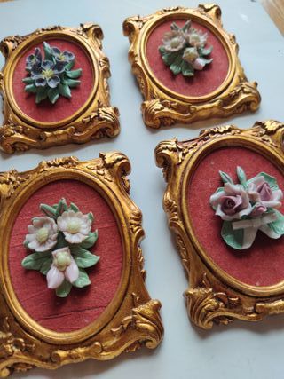 Lote 4 mini cuadros florales vintage en relieve