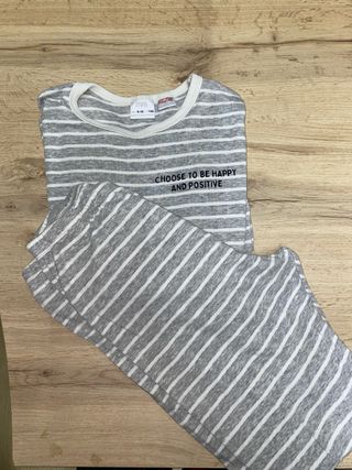 Pijama Zara niña rayas gris y blanco T.9-10