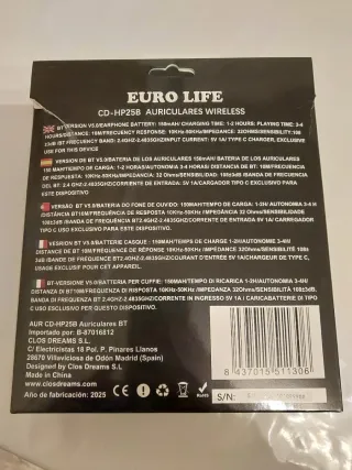 Auriculares Diadema Bluetooth EURO LIFE Negros