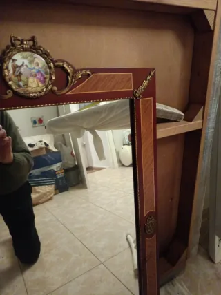 Espejo antiguo marco madera maciza, incrustaciones