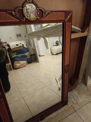 Espejo antiguo marco madera maciza, incrustaciones