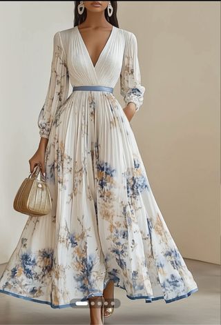 Vestido largo blanco estampado floral plisado