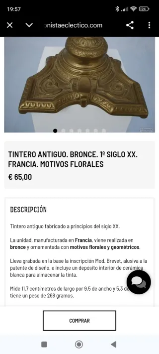Tintero de bronce francés vintage
