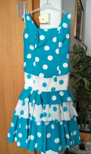 Traje falda y corpiño flamenca azul-blanco