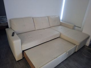 Sofá Cama Beige Piel Sintética