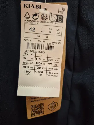 Traje azul con etiquetas