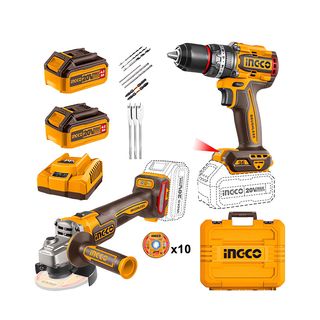 PACK AMOLADORA + TALADRO INGCO CON ACCESORIOS (10 DISCOS CORTE 115MM + 47 ACCESORIOS + 2 BATERÍAS 4.0 AH + CARGADOR P20S)