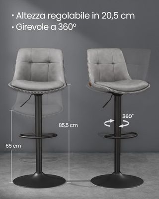 Conjunto De 2 Taburetes De Bar, Sillas De Bar Giratorias Ajustables En Altura, PU Acolchado, Sillas De Cocina Con Respaldo Y Reposapiés, Comedor, Barra, Acero, Gris Tortora LJB095G01