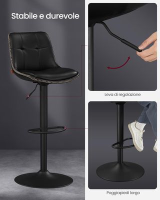 Juego De 2 Taburetes De Bar, Sillas De Bar Giratorias Ajustables En Altura, PU Acolchado, Sillas De Cocina Con Respaldo Y Reposapiés, Comedor, Barra, Acero, Negro Tinta LJB095B01
