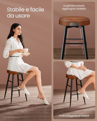 Colección EKHO - Taburetes de Cocina, Set de 4 Taburetes Altos de Bar, Sillas de Cocina, PU con Costura, Moderno de Mediados de Siglo, Altura 63 cm, Fácil de Montar, Marrón Caramelo LBC280K01