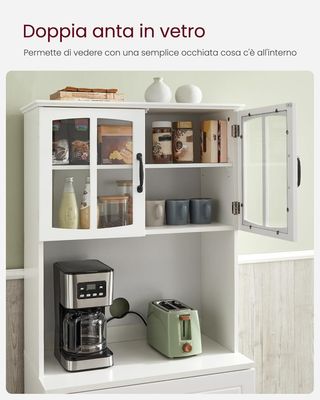 Credenza Alta Cocina, Despensa Móvil De Cocina Con Puertas De Vidrio Y Estantes Regulables, Cajón, Orificio Para Cables, Para Microondas, Estilo Moderno, Blanco LSC361W21