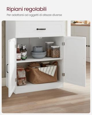 Credenza Alta Cocina, Despensa Móvil De Cocina Con Puertas De Vidrio Y Estantes Regulables, Cajón, Orificio Para Cables, Para Microondas, Estilo Moderno, Blanco LSC361W21