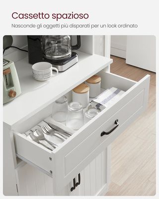 Credenza Alta Cocina, Despensa Móvil De Cocina Con Puertas De Vidrio Y Estantes Regulables, Cajón, Orificio Para Cables, Para Microondas, Estilo Moderno, Blanco LSC361W21
