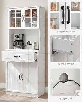 Credenza Alta Cocina, Despensa Móvil De Cocina Con Puertas De Vidrio Y Estantes Regulables, Cajón, Orificio Para Cables, Para Microondas, Estilo Moderno, Blanco LSC361W21