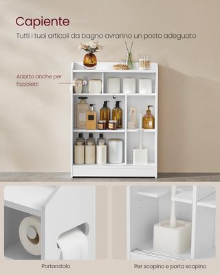 Mueble de Baño, Mueble de Baño Ahorra Espacio, Porta Papel Higiénico y Compartimento para Escobilla, Puertas Correderas, Estantes Regulables, Junto al WC, 20 X 60 X 80 Cm, Blanco Nube BBC752W01