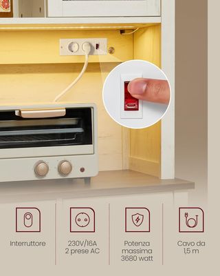 Credenza de Cocina Con Luz Y Toma de Corriente, Mueble Despensa de Cocina Con Puertas y Cajón, 39,5 X 106,5 X 180,6 Cm, Con Estantes Regulables, Estilo Campestre, Blanco Vintage y Madera Miel BBK3...