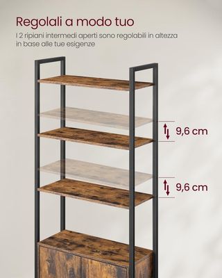 Estantería de 6 Estantes, Estantería Vertical con Puerta, Estructura de Metal, Estantes Regulables, 24 X 60 X 159,5 Cm, Salón Dormitorio, Marrón Vintage y Negro Tinta LLS133K01