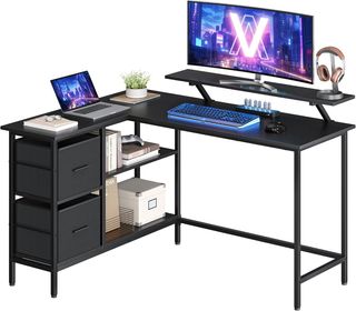 Escritorio para Computadora en L, Escritorio de Esquina con 2 Cajones Espaciosos y Soporte para Monitor, Estante Regulable, para Oficina Estudio, Negro Ébano LWD098B56
