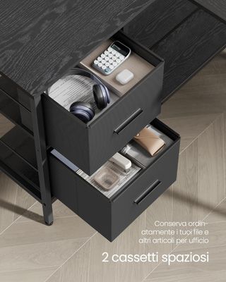 Escritorio para Computadora en L, Escritorio de Esquina con 2 Cajones Espaciosos y Soporte para Monitor, Estante Regulable, para Oficina Estudio, Negro Ébano LWD098B56