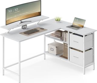 Escritorio para Computadora en L, Escritorio de Esquina con 2 Cajones Espaciosos y Soporte para Monitor, Estante Regulable, para Oficina Estudio, Blanco Acero LWD098W01