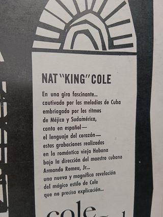 Disco Lp, vinilo, Nat 'King' Cole – Cole Español - 1961 Capitol Records,