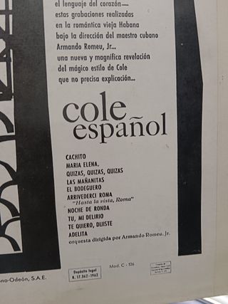 Disco Lp, vinilo, Nat 'King' Cole – Cole Español - 1961 Capitol Records,