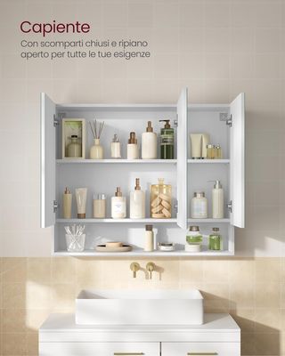 Colección KAILYN - Armario de Baño de Pared con Puertas Espejo, Mueble Colgante de Baño, Espejo, Compartimento Abierto, Estantes Regulables, 16,5 X 90 X 75 Cm, Blanco Nube BBK130W01
