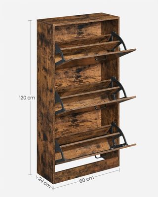Zapatero Con 3 Puertas Y Compartimentos Abatibles, Organizador de Zapatos de Madera, Perfecto para Pasillo Estrecho, Salón, Sala de Estar, Dormitorio, 60 X 24 X 120 Cm (L X P X A), Marrón Vintage