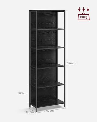 Estantería de 6 Estantes con Luz LED Regulable, Librería con Estructura de Acero, 30,3 X 60 X 178,6 Cm, para Sala de Estar, Dormitorio, Oficina, Negro Ébano LLS120B57