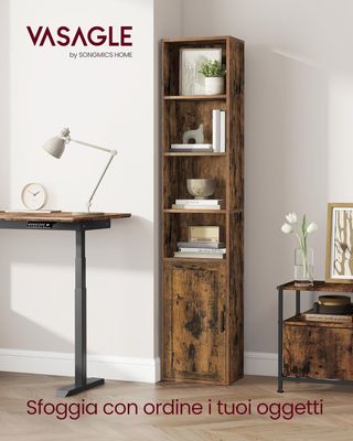 Librería, Librería Estante Vertical de 6 Estantes, Con Puerta, 24 X 31,8 X 175 Cm, para Sala de Estar Estudio Oficina Comedor, Marrón Vintage LBC401K01