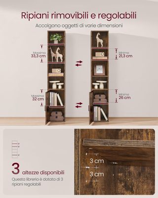 Librería, Librería Estante Vertical de 6 Estantes, Con Puerta, 24 X 31,8 X 175 Cm, para Sala de Estar Estudio Oficina Comedor, Marrón Vintage LBC401K01