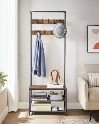 Perchero De Entrada Con Banco Zapatero, Perchero Con 9 Ganchos Extraíbles Y Barra Para Colgar Ropa, 32,2 X 64 X 180 Cm, Dormitorio, Industrial, Marrón Vintage Y Negro HSR411B01
