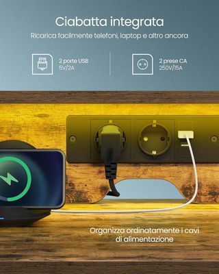 Escritorio para Computadora Con Cajones de Tela, Soporte para Monitor, Luces LED y Tomas de Corriente, 55 X 135 X 90 Cm, 2 Puertos USB-A, Marrón Vintage LWD094K02