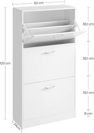 Zapatero de 3 Niveles Estante para Zapatos Cajonera con 3 Compartimentos Profundos Color Blanco Regulable, 60 X 24 X 120 Cm (L X P X A) LBC03WT