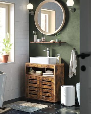 Mueble Sottolavabo, Mueble de Baño, Armario Portaobjetos, 30 X 60 X 64 Cm, Adecuado para Lavabos Sin Columna, Con Doble Puerta de Persiana, Estante Regulable, Marrón Vintage BBK04BX