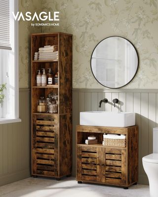 Mueble Sottolavabo, Mueble de Baño, Armario Portaobjetos, 30 X 60 X 64 Cm, Adecuado para Lavabos Sin Columna, Con Doble Puerta de Persiana, Estante Regulable, Marrón Vintage BBK04BX