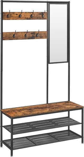 Perchero Con Zapatero, Mueble De Entrada Con Ganchos, Espejo, Banco Y Estantes, 35 X 98 X 180 Cm, Pasillo Dormitorio Salón, Industrial, Marrón Vintage Y Negro Tinta HSR415B01