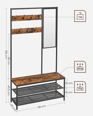 Perchero Con Zapatero, Mueble De Entrada Con Ganchos, Espejo, Banco Y Estantes, 35 X 98 X 180 Cm, Pasillo Dormitorio Salón, Industrial, Marrón Vintage Y Negro Tinta HSR415B01