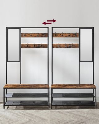 Perchero Con Zapatero, Mueble De Entrada Con Ganchos, Espejo, Banco Y Estantes, 35 X 98 X 180 Cm, Pasillo Dormitorio Salón, Industrial, Marrón Vintage Y Negro Tinta HSR415B01