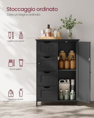 Mueble De Baño, Mueble Para Baño Estrecho, Organizador, Cajonera, Con 4 Cajones, Puerta, Estante Regulable, 30 X 55 X 82 Cm, Negro Tinta LHC041B02