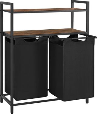 Cesto Portabiancheria, Porta Biancheria Con 2 Sacchi Estraibili E Rimovibili, 2 Ripiani Portaoggetti, 46L per Sacco, per Baño, Lavandería, Marrón Vintage Y Negro BLH211B01