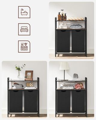 Cesto Portabiancheria, Porta Biancheria Con 2 Sacchi Estraibili E Rimovibili, 2 Ripiani Portaoggetti, 46L per Sacco, per Baño, Lavandería, Marrón Vintage Y Negro BLH211B01