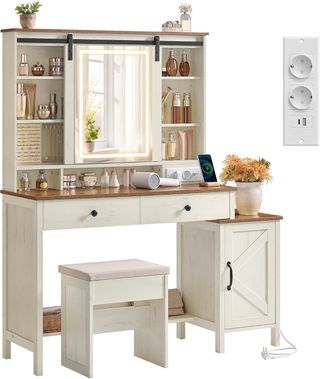 LIRY Colección - Tocador Con Espejo Y Luces, Estación De Maquillaje Con Taburete Estilo Granja, Toma De Corriente, 2 Cajones, Joyero, Blanco Vintage Y Marrón Miel RDT136W01