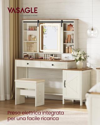 LIRY Colección - Tocador Con Espejo Y Luces, Estación De Maquillaje Con Taburete Estilo Granja, Toma De Corriente, 2 Cajones, Joyero, Blanco Vintage Y Marrón Miel RDT136W01