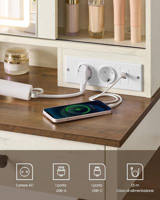 LIRY Colección - Tocador Con Espejo Y Luces, Estación De Maquillaje Con Taburete Estilo Granja, Toma De Corriente, 2 Cajones, Joyero, Blanco Vintage Y Marrón Miel RDT136W01