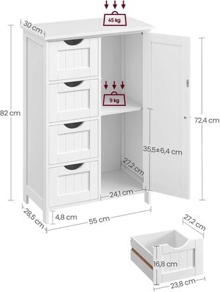 Mueble De Baño, Armario Autoportante, Mueble De Madera Con 4 Cajones Y Puerta, Estante Regulable, Para Sala De Estar, Cocina, Pasillo, Blanco LHC41W