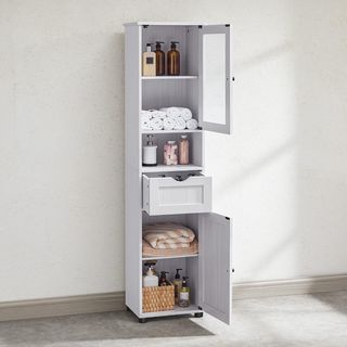Mueble De Baño Ahorra Espacio, Mueble De Columna, Mueble Alto, Estante Abierto, Puerta De Vidrio, Mueble De Baño Con Patas, Estantes Regulables En Altura, Blanco Acero BBK163T44