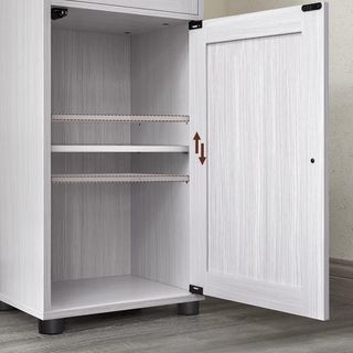 Mueble De Baño Ahorra Espacio, Mueble De Columna, Mueble Alto, Estante Abierto, Puerta De Vidrio, Mueble De Baño Con Patas, Estantes Regulables En Altura, Blanco Acero BBK163T44