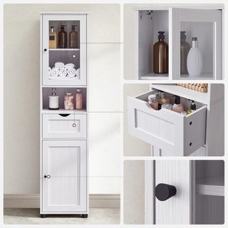 Mueble De Baño Ahorra Espacio, Mueble De Columna, Mueble Alto, Estante Abierto, Puerta De Vidrio, Mueble De Baño Con Patas, Estantes Regulables En Altura, Blanco Acero BBK163T44
